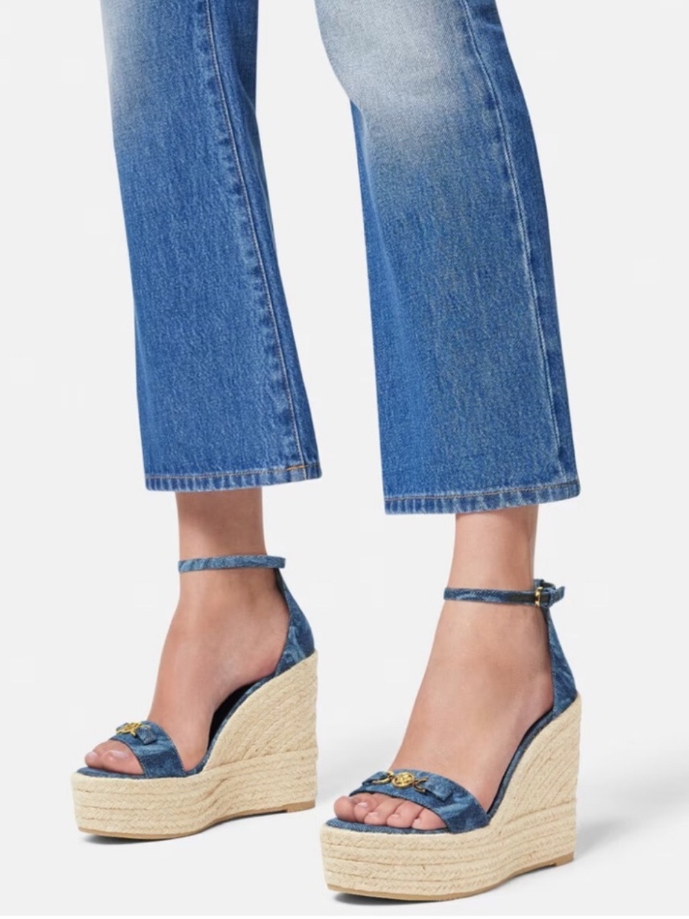 VERSACE denim barocco wedge sandals Blue